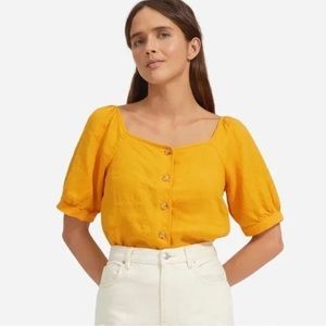 Everlane Linen Button Puff Sleeve Square Neckline Top in Sunny Orange